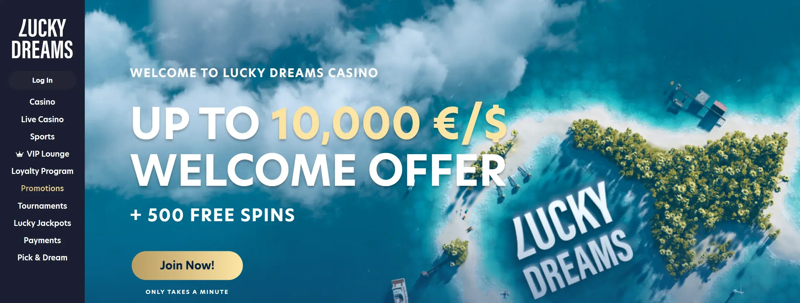 Lucky Dreams casino page showing welcome bonus offer and site main navigation