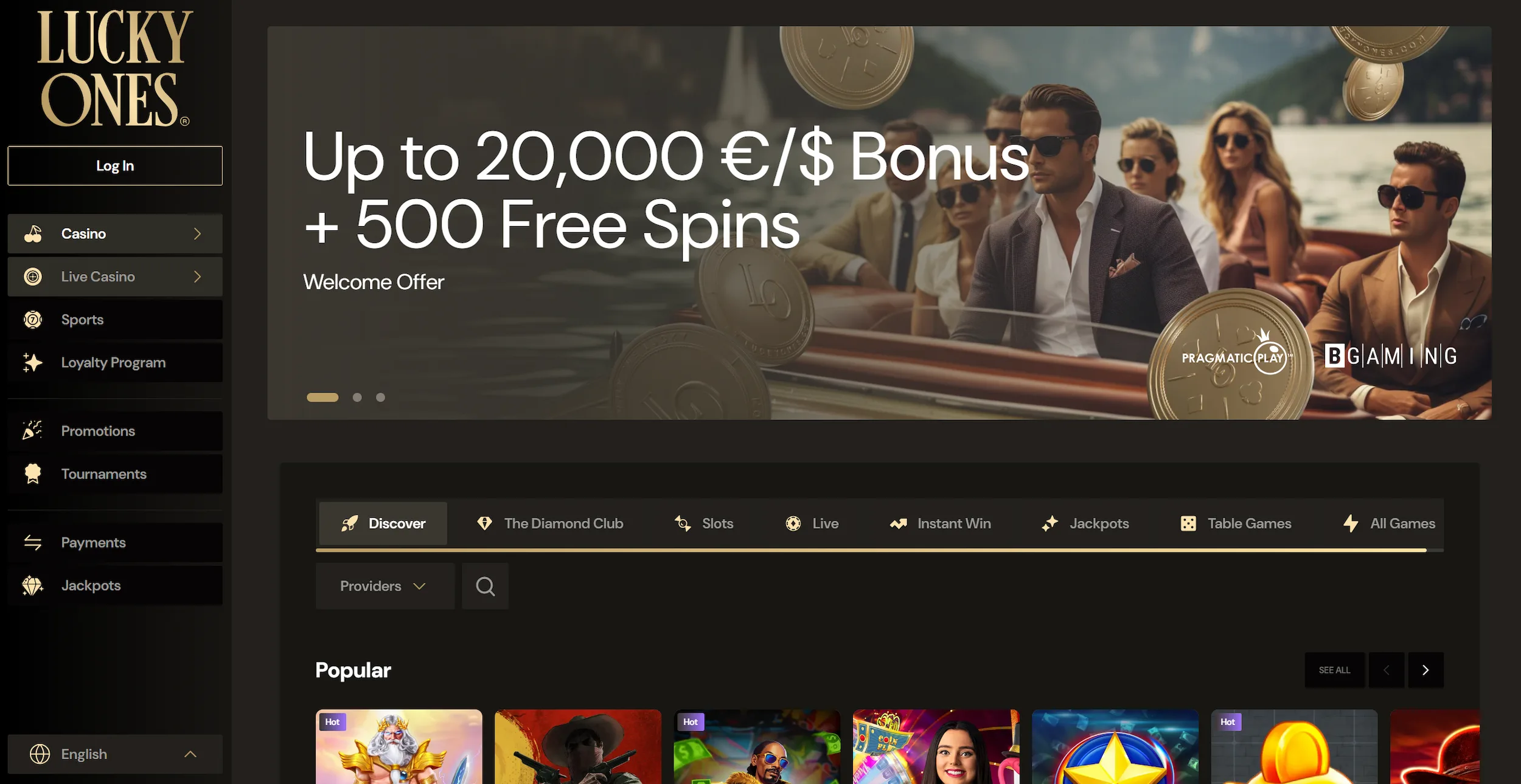 LuckyOnes casino page showing welcome bonus offer, slection of popular online pokies and main site navigation